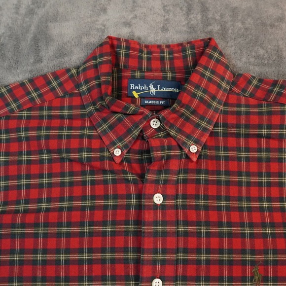 VTG Ralph Lauren Shirt Mens Large Red Brown Buffalo Plaid Preppy Blue Pony‎ Hit - Picture 1 of 9